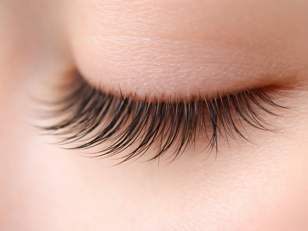 Macro close-up of natural eyelashes with fresh, fuller regrowth look against a bright, soft background