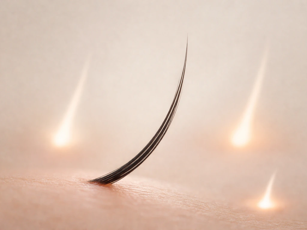 Close-up of a single eyelash with three subtle blurred follicle stage impressions against a clean background.