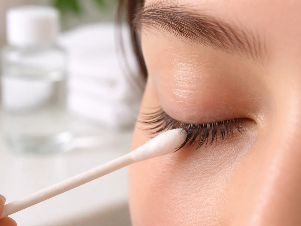 Close-up of gentle eyelash cleansing with a sterile cotton-tipped applicator near the lash line.