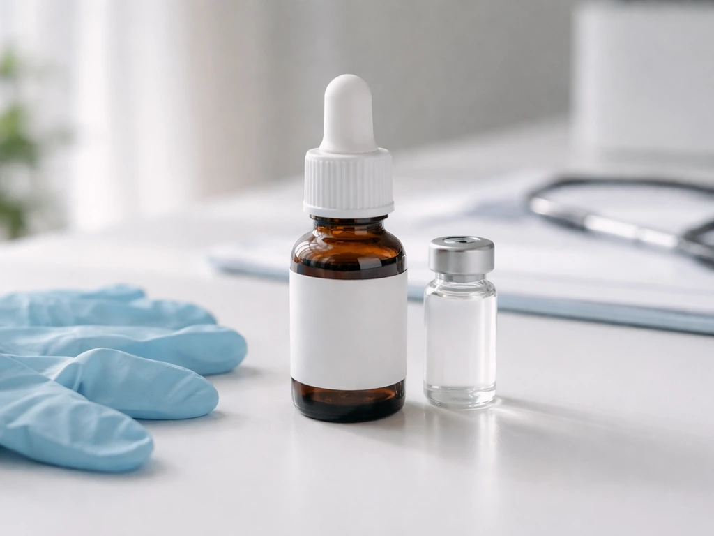 Close-up of an amber dropper bottle and small vial on a clean clinician desk with a disposable glove.