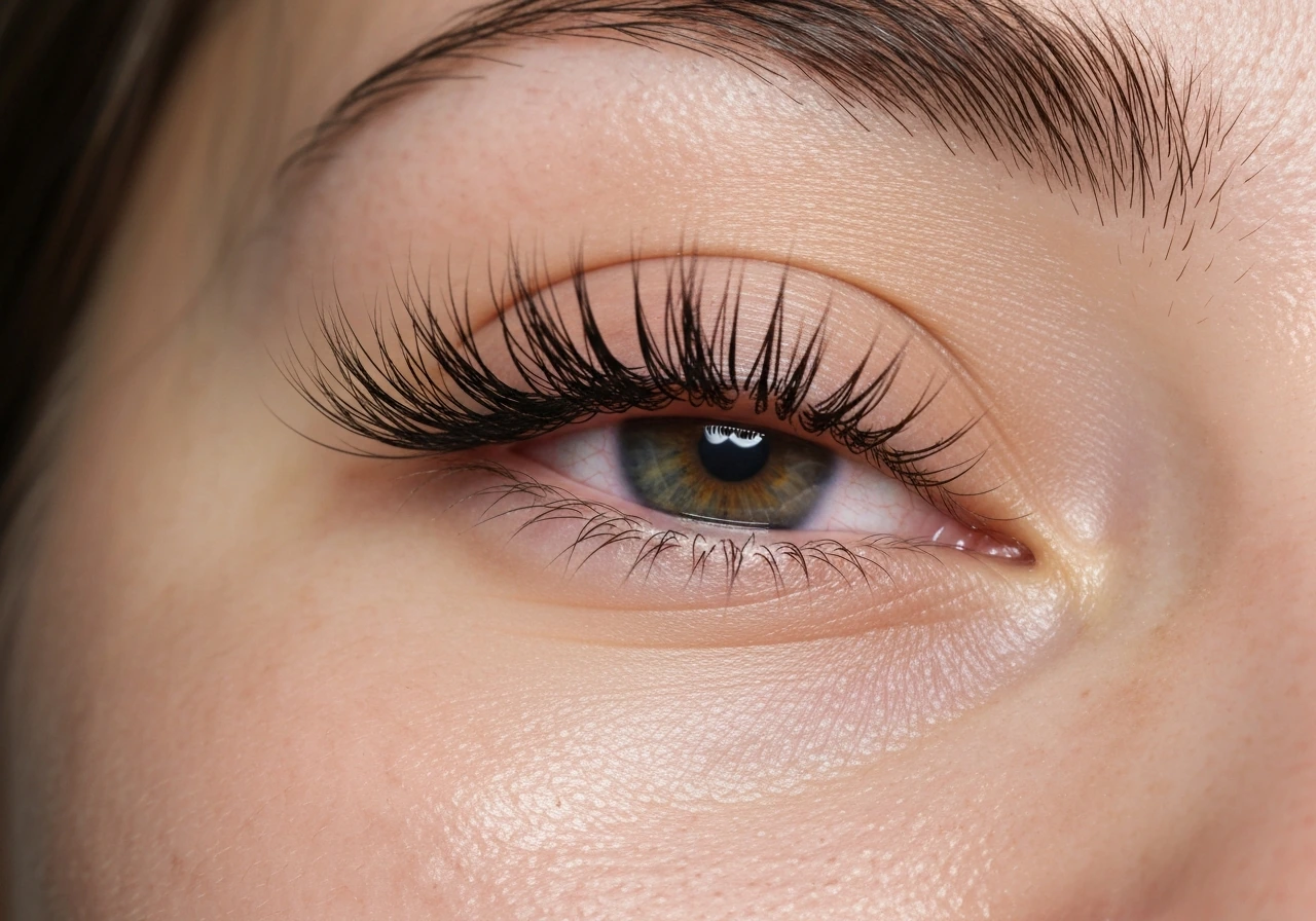 Close-up of relaxed eyelids with natural eyelashes, subtly suggesting careful lash care.