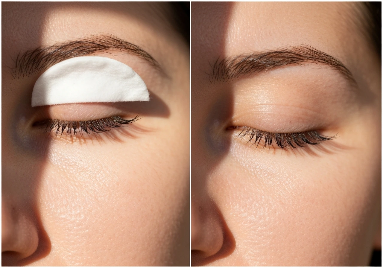 Close-up split view of lashes with a cotton pad on one side and unchanged lashes on the other.