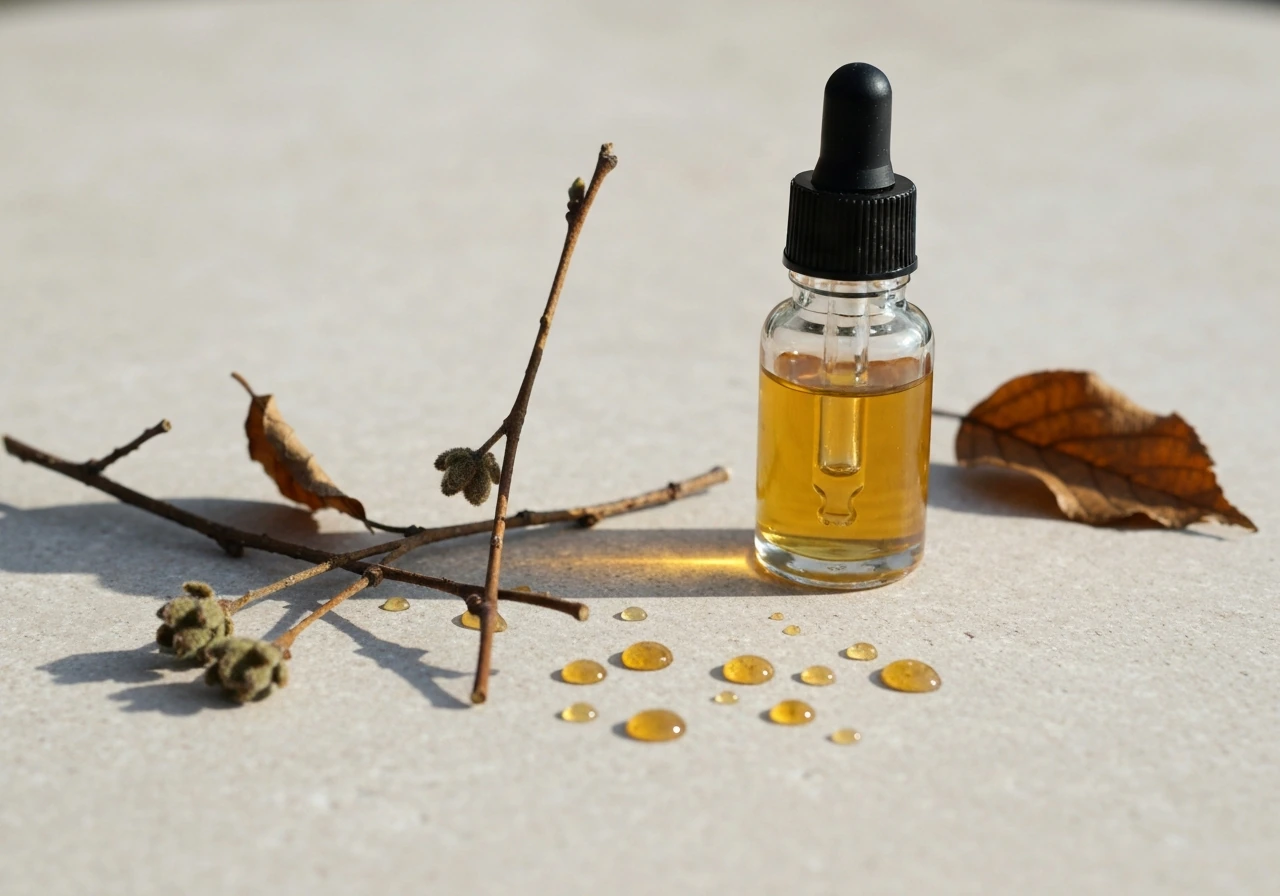 Close-up of witch hazel twigs and an amber extract bottle on a light stone surface