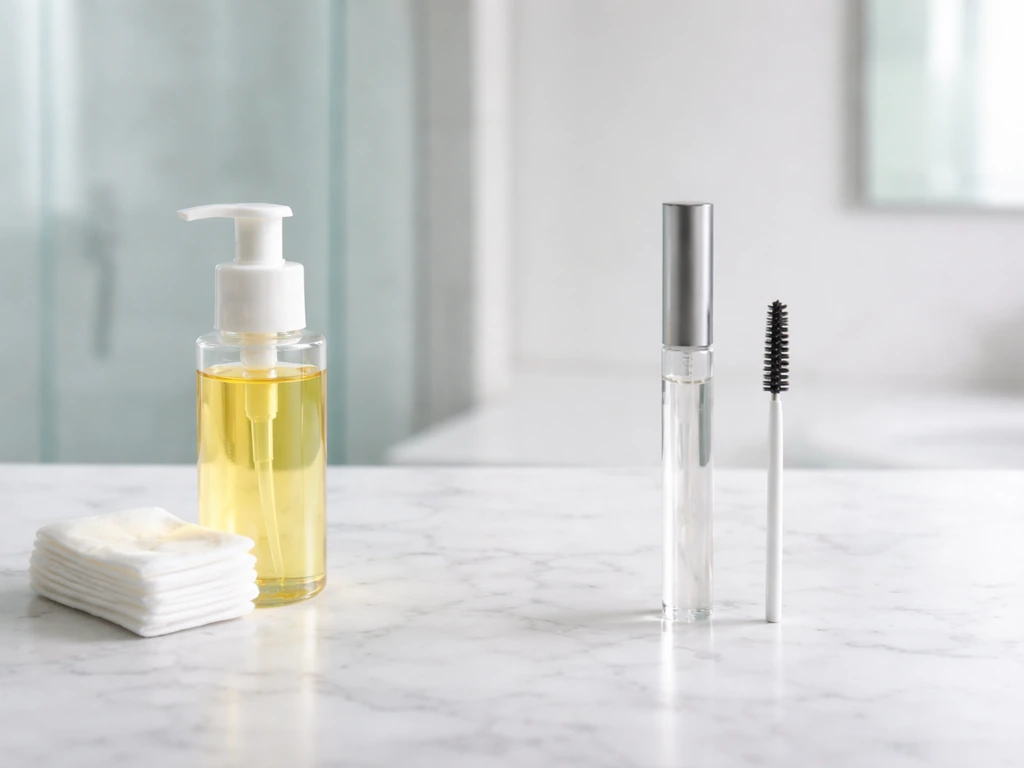 Bathroom counter with gentle cleanser and lash serum steps in separate product/tool placements