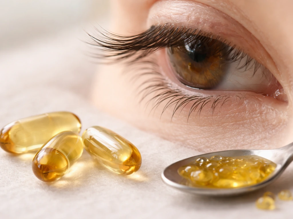 Close-up of natural eyelashes beside a few fish oil capsules to suggest omega-3 for eyelash growth