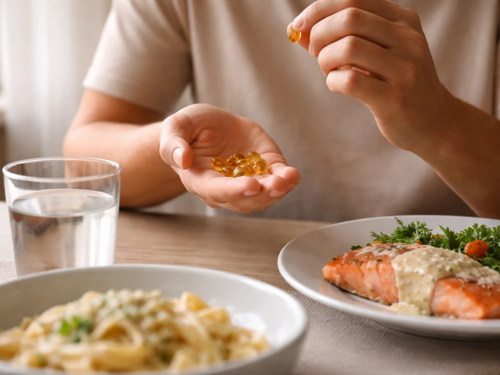 Fish oil capsules taken with a meal in a simple bowl of food containing visible fat.