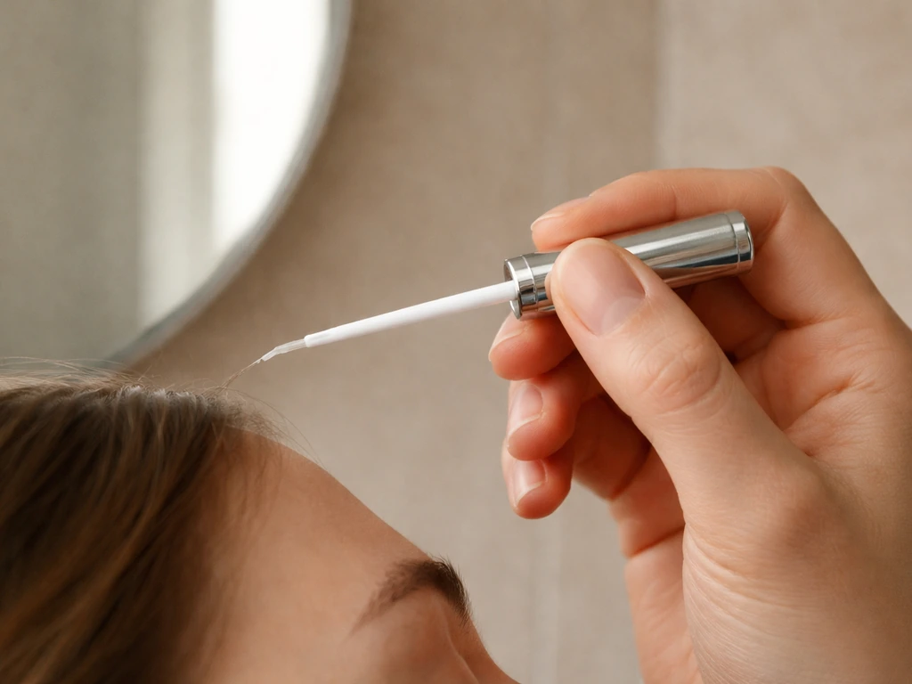 Anonymous hand applying clear lash serum with a thin applicator to the upper lash line beside a mirror.