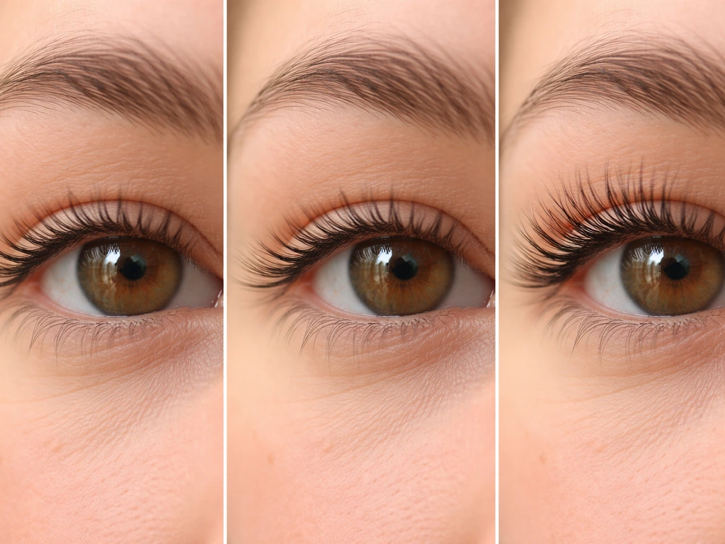 Minimal close-up of an eye with lashes, showing subtle regrowth stages concept with soft, clean lighting.