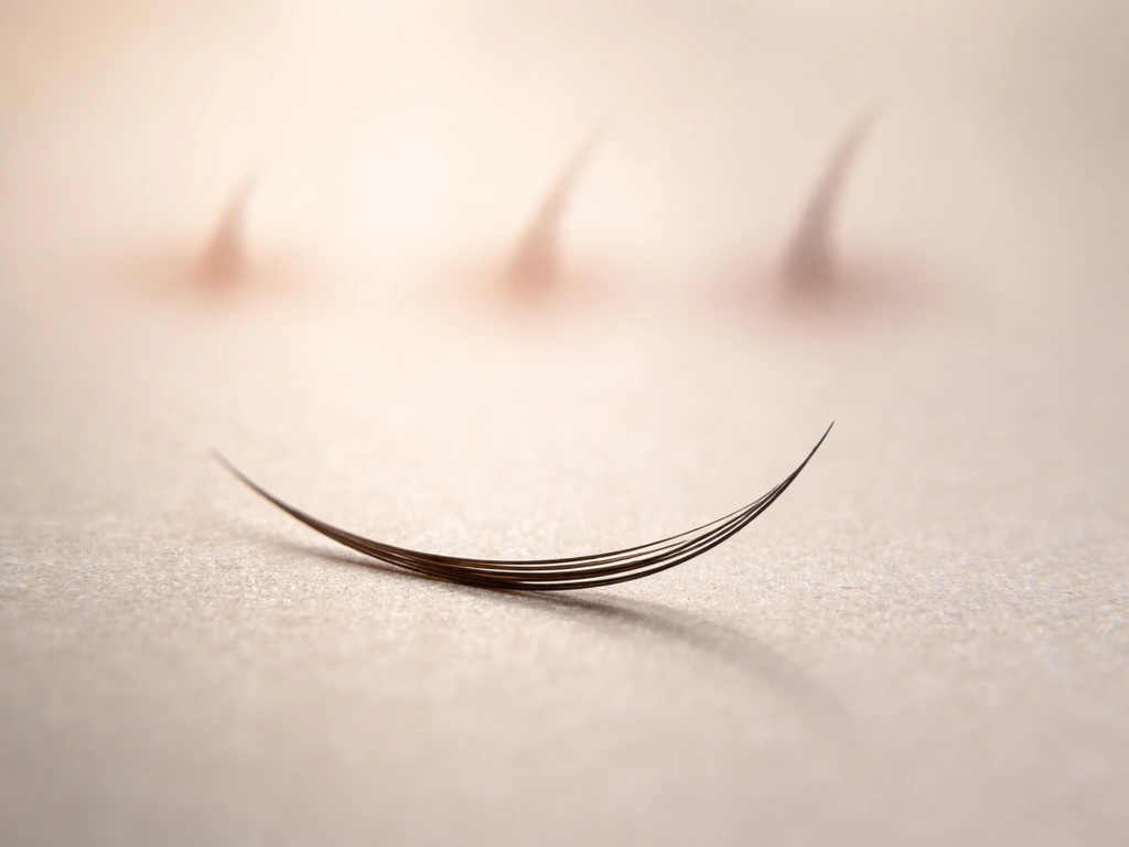 Minimal photo-style macro of an eyelash with a soft oil sheen on the surface, showing growth-cycle concept without text.