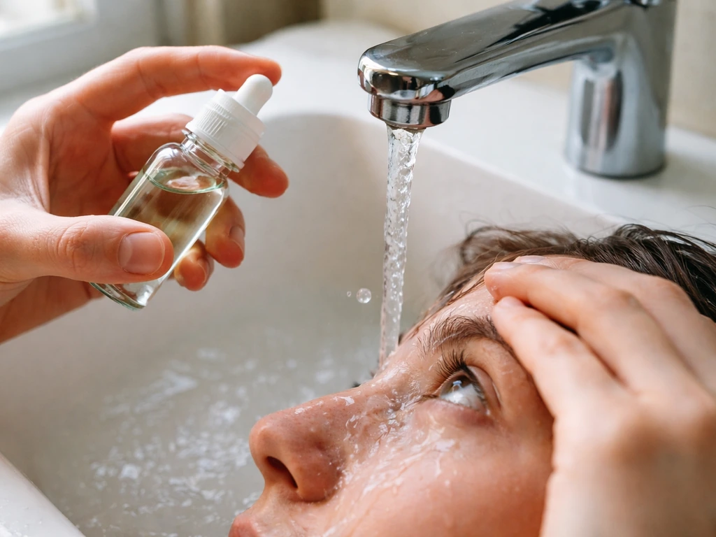 Hands rinsing an eye immediately under running water while tea tree oil bottle drops splash nearby.