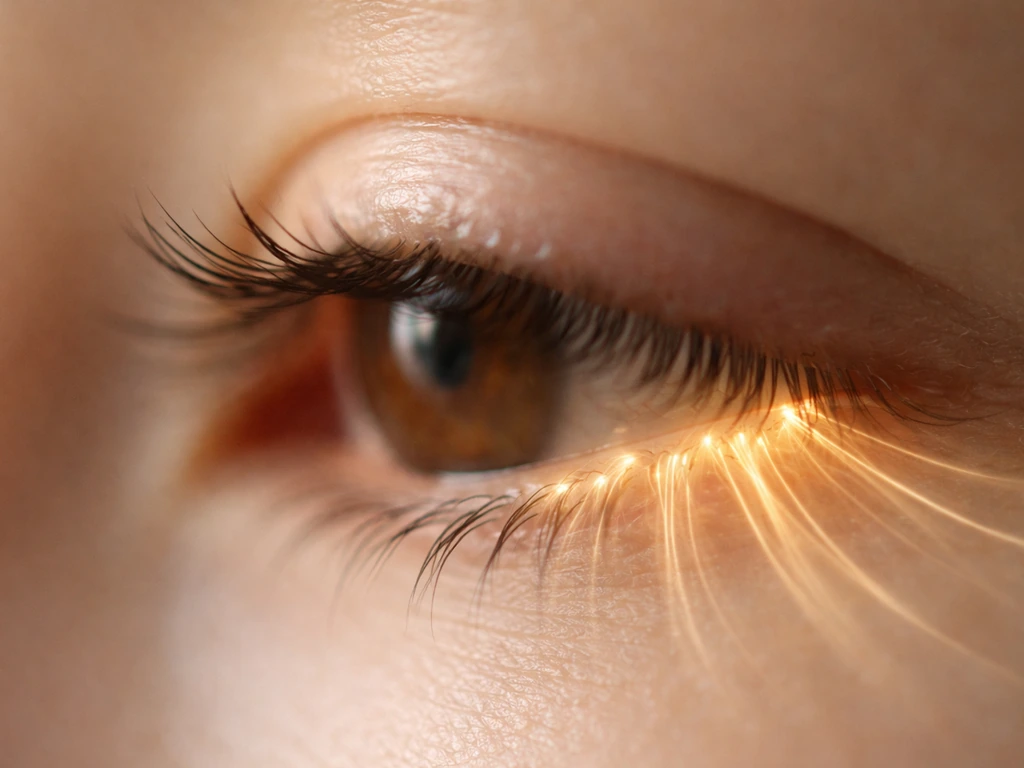 Close-up of an eye with upper lashes, lash bases in focus with subtle golden light trails suggesting a mechanism.