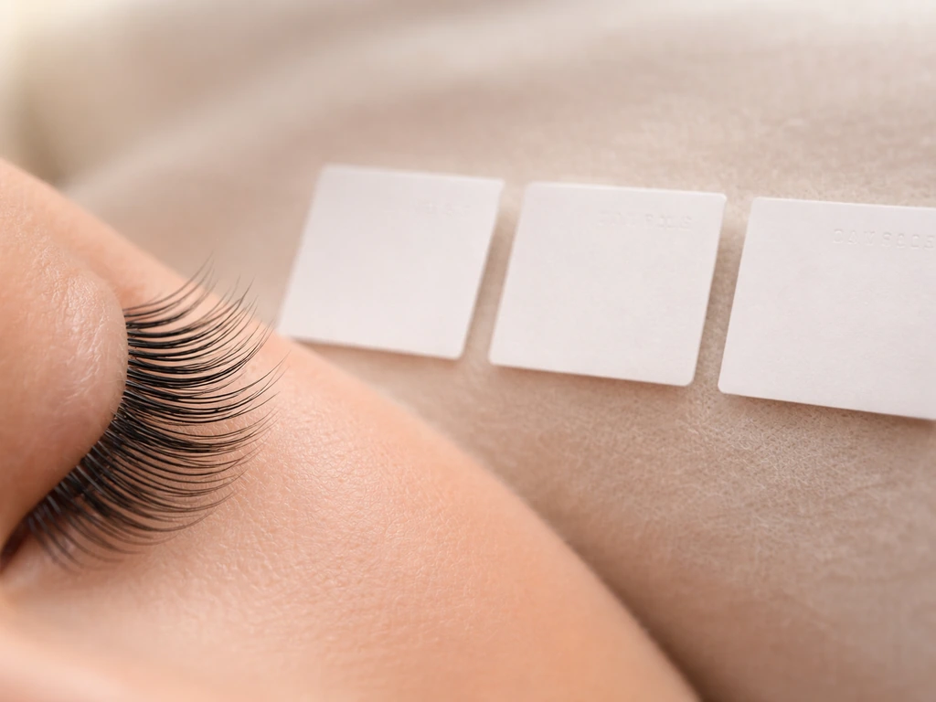 Minimal close-up of dark lashes beside a simple numbered card for week-by-week visible change.