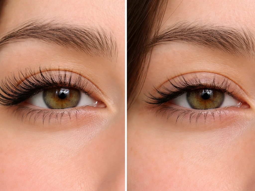 Split close-up of lashes with one side fuller and the other showing uneven, thinner lashes from damage.