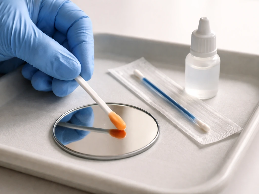 Sterile eye-care applicator poised near a mirror, with a clean barrier swab and dropper on a sterile surface