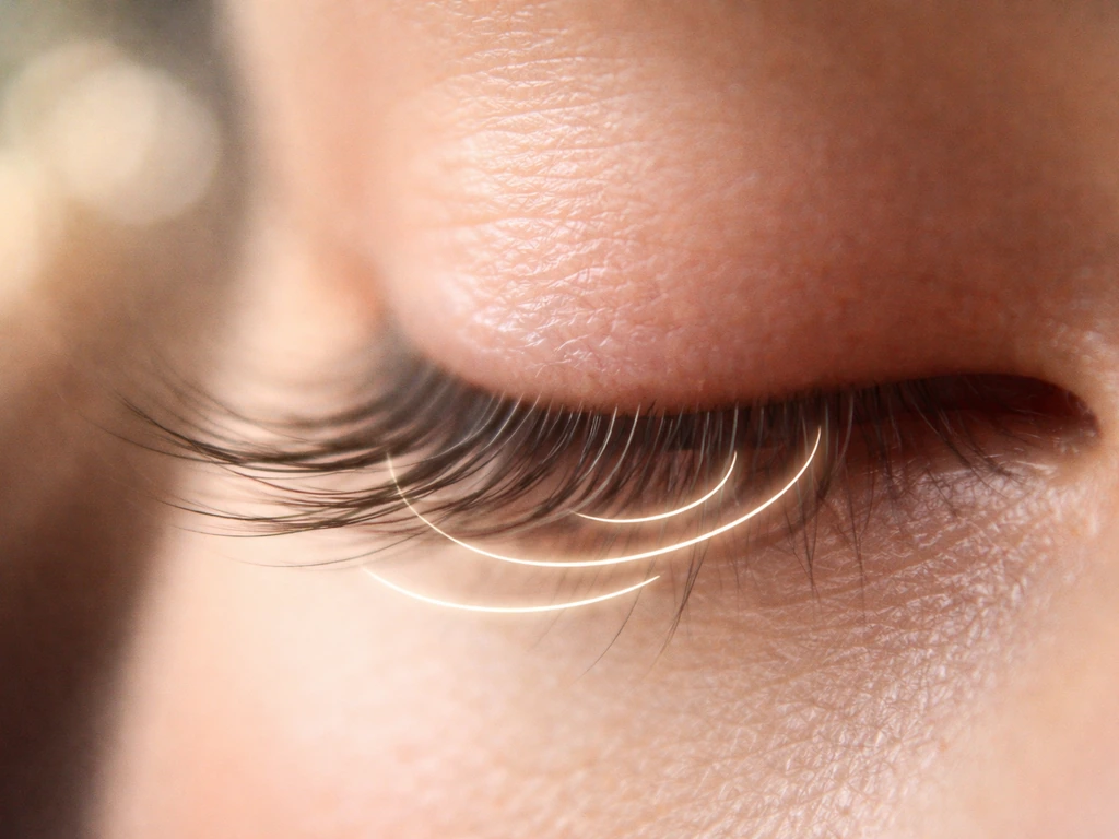 Minimal photo of an eyelash close-up with a simple blurred timeline feel, no text.