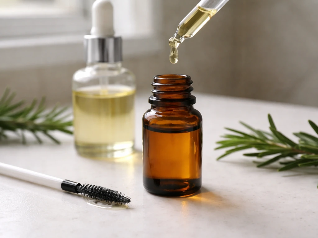 Dropper adds rosemary oil to carrier oil in a small bottle with a clean micro-brush ready to apply.