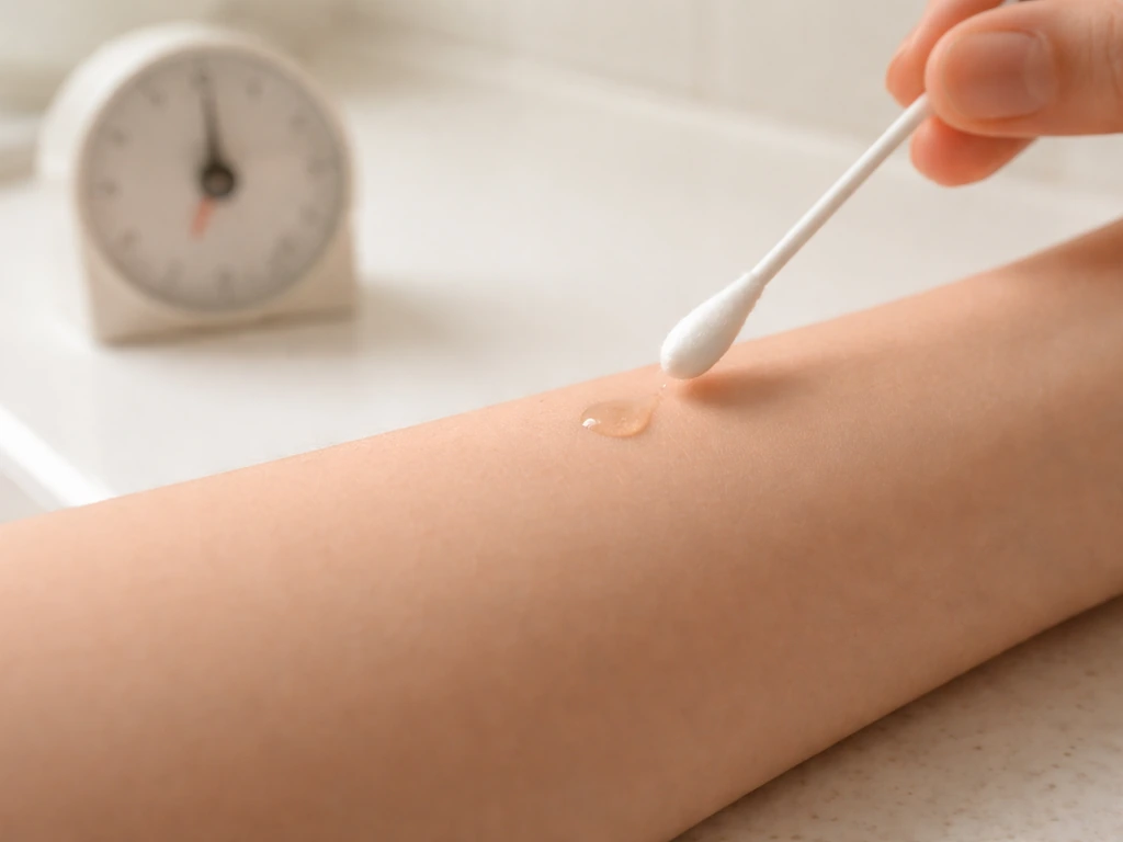 Inner forearm with a small diluted mixture spot from a cotton swab, next to a timer to wait.