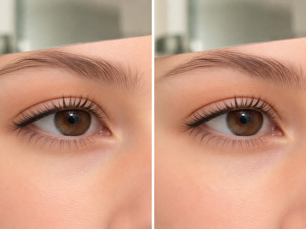 Minimal close-up of two eyes in similar lighting showing subtle lash fullness before and after