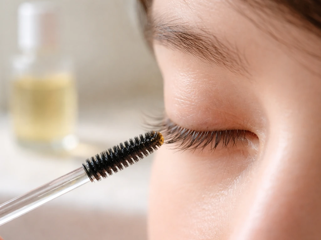 Natural oil applied at lash roots using a clean spoolie in a simple home bathroom routine