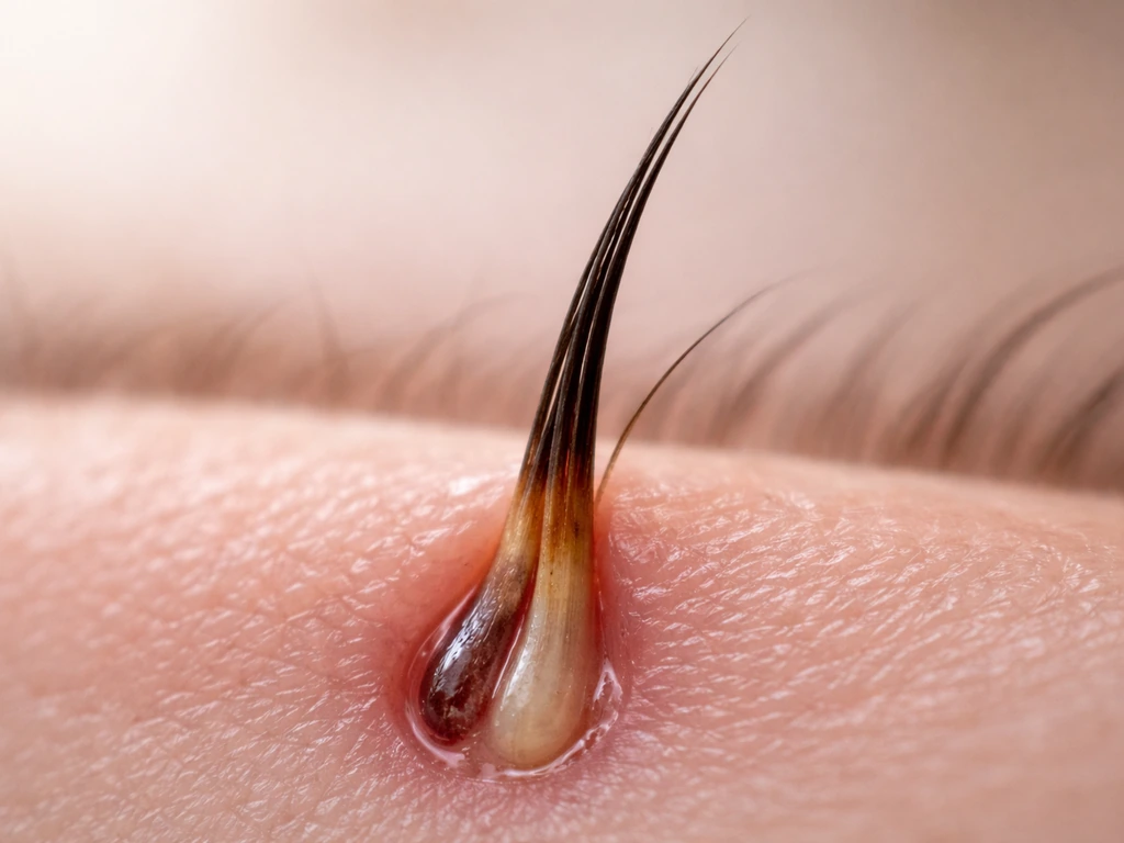 Macro photo-style medical illustration look of a single eyelash follicle showing three growth phases