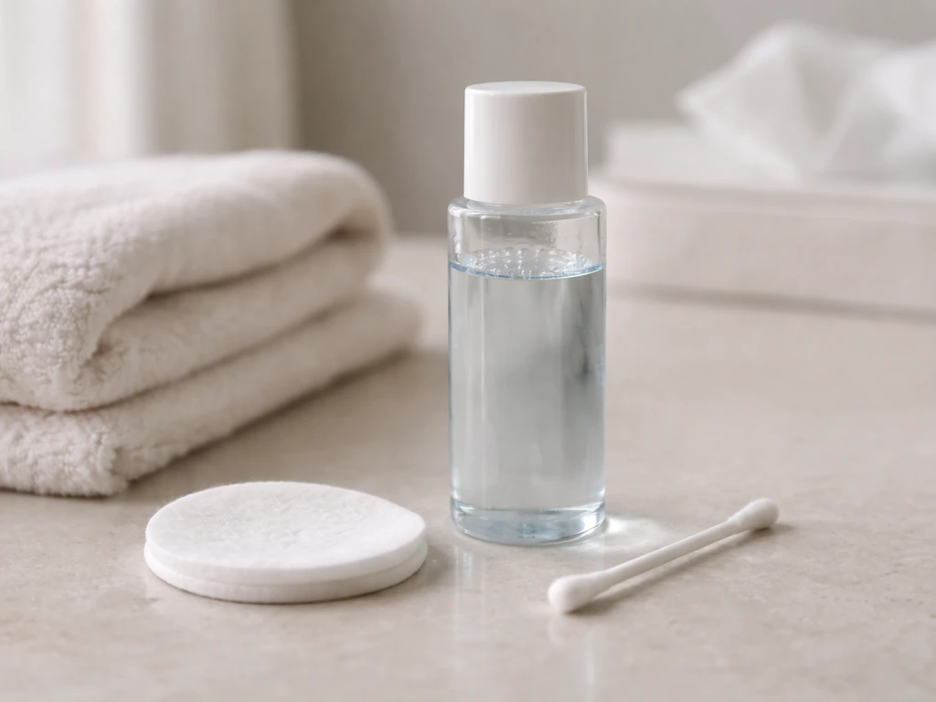 Bathroom counter setup with cotton pad and soft swab next to gentle eye makeup remover for lash care habits.