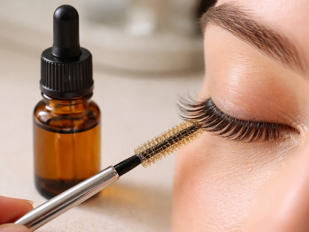 Closeup of a small castor oil bottle and a clean spoolie applying oil near an eyelash line
