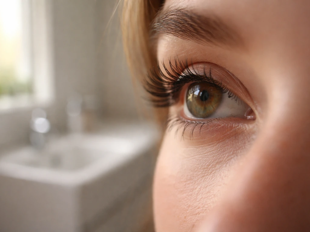 Home bathroom close-up of eyelashes in consistent lighting, photographed in front of a mirror.