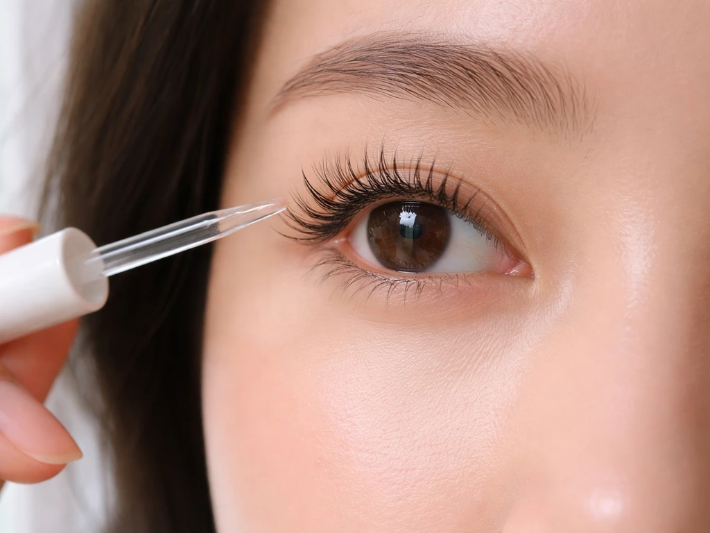 Close-up of healthy Asian eyelashes with a lash-care applicator near the lash line on a soft neutral background.