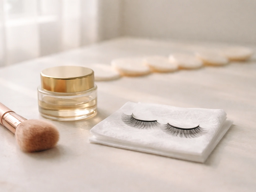 Minimal vanity scene with false lashes and a brush beside a glass jar, suggesting eyelash regrowth timeline.