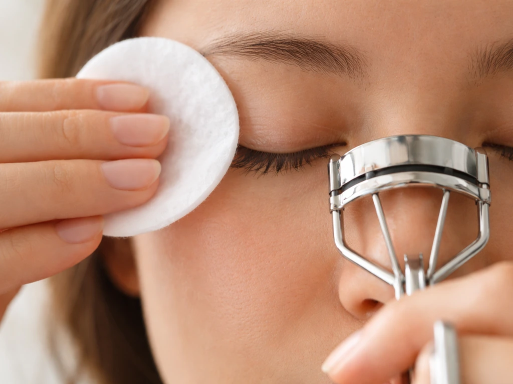 Closed eyes during morning micellar water cleanse with a gentle silicone-padded lash curler and cotton pad.