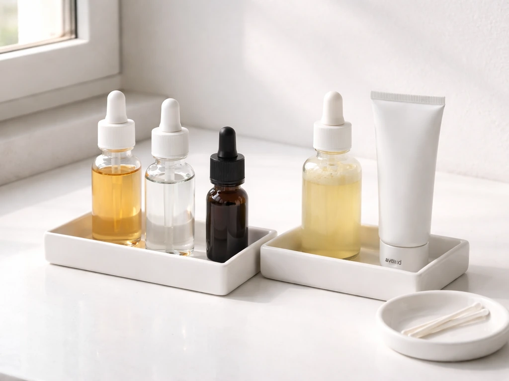 Minimal bathroom counter with unlabeled lash product bottles and tubes separated into good vs avoid vs red-flag areas.