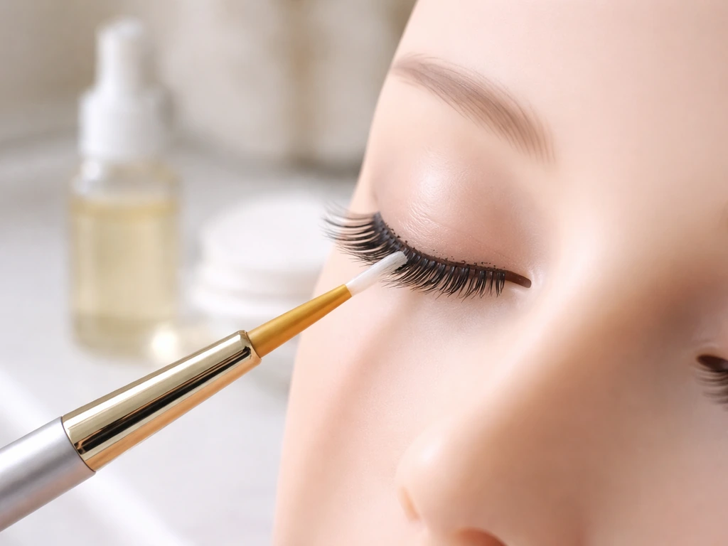 Close-up of a lash serum applicator brush coating lashes along the lash line in a clean bathroom setting.