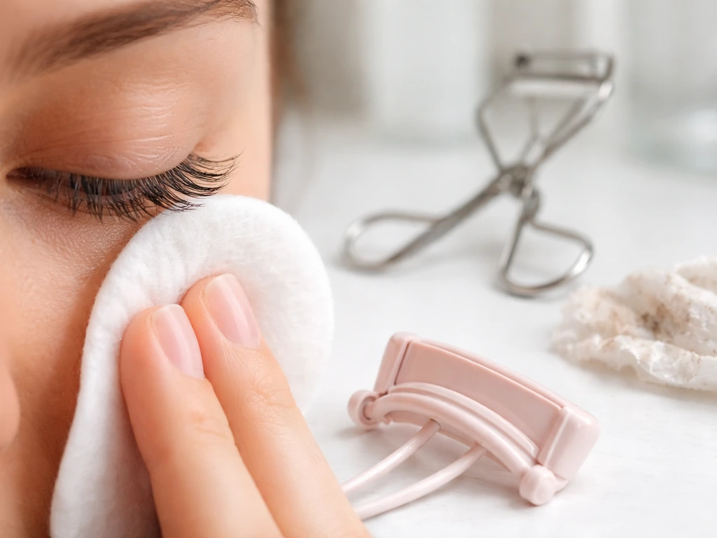 Close-up of lashes near an eye with a soft cotton pad and a plastic curler, avoiding harsh rubbing