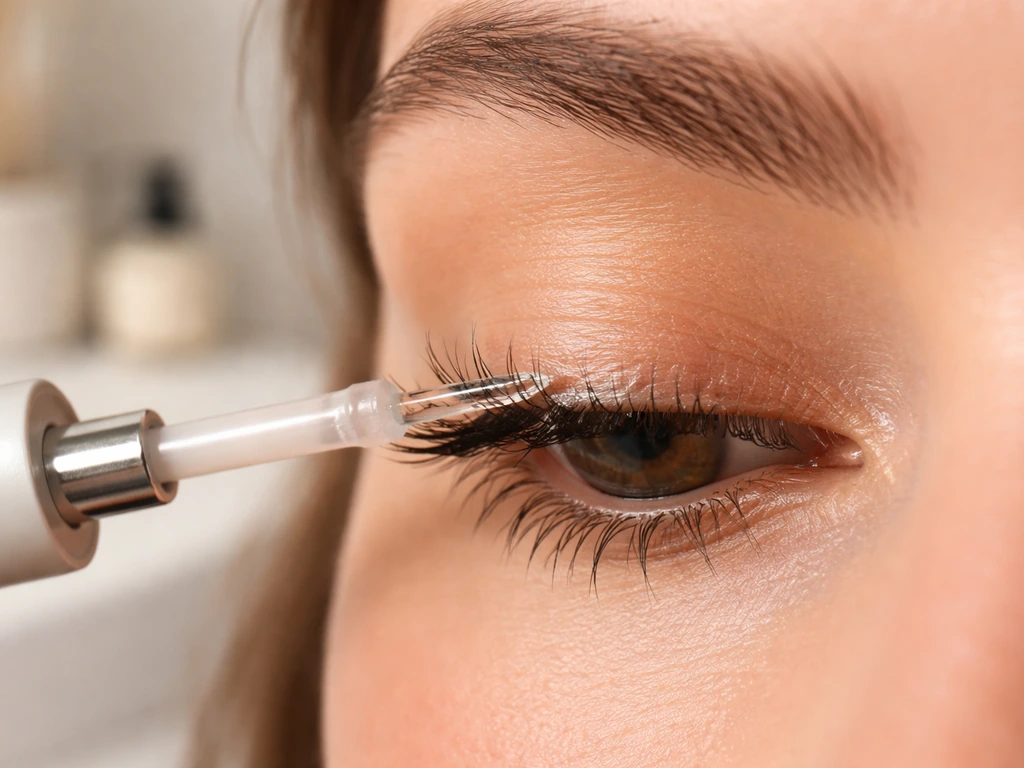 Keratin serum applied along the upper lash line with an applicator wand, showing conditioning for stronger lashes.
