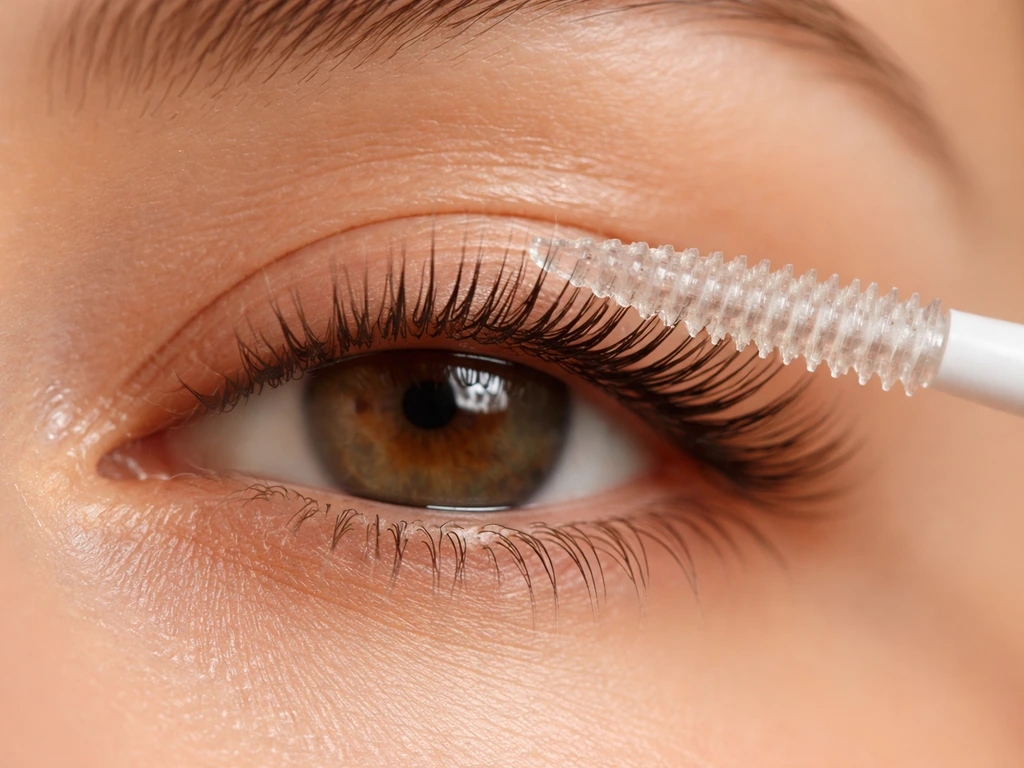 Close-up of eyelash shafts with a clear keratin serum applied, showing conditioned, less-frayed lashes.