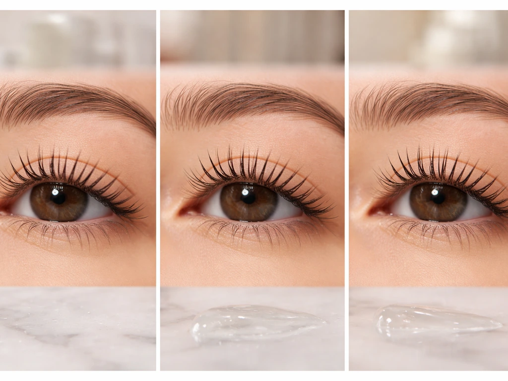 Close-up of natural eyelashes showing subtle strength and curl changes across three weeks on a clean vanity
