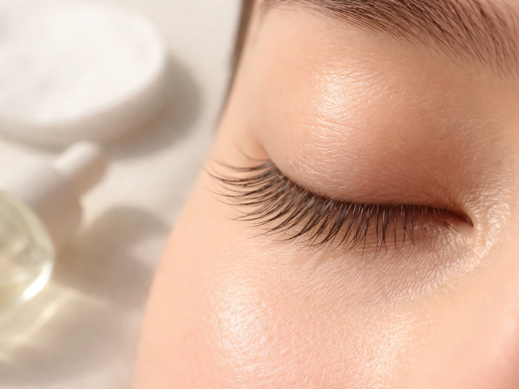 Close-up of a natural upper eyelid with long lashes, soft skincare-care vibe in bright natural light.