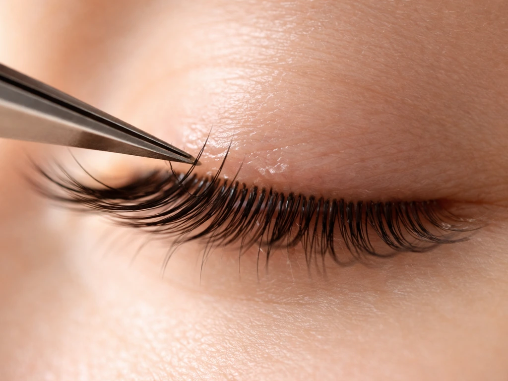 Close-up of upper eyelid and lash line showing eyelash extensions with a subtle traction point.