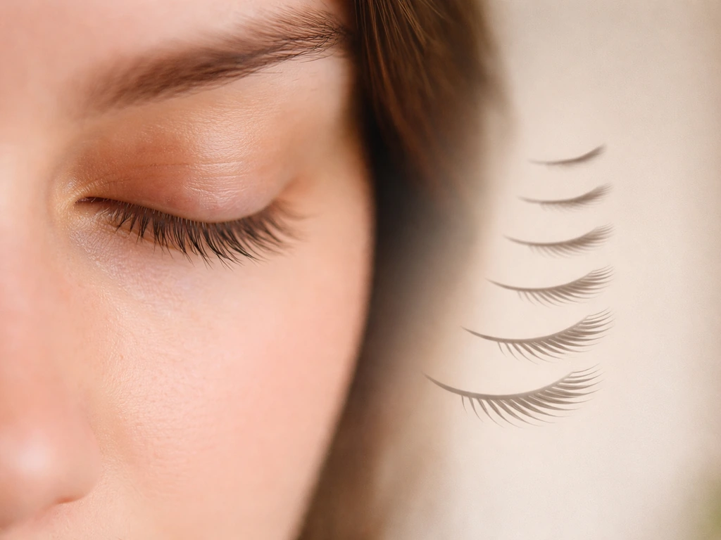 Minimal photo of an anonymous woman’s eye area with a soft lash silhouette overlay showing gradual regrowth over weeks.