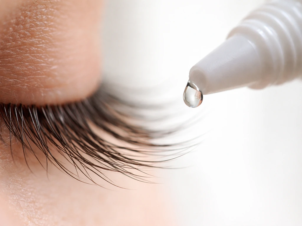 Macro close-up of eyelashes with a blurred eye-drop applicator bottle concept, symbolizing lash growth.