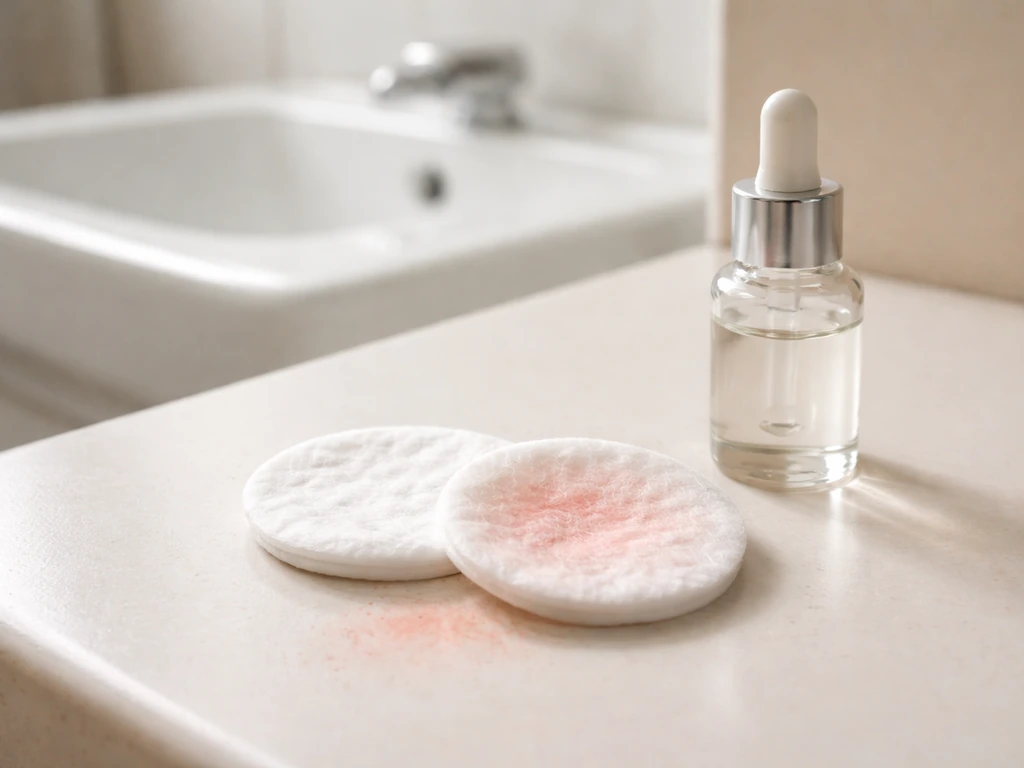 Close photo of cotton eye pads and an unlabeled dropper bottle on a clean counter, softly suggesting mild eye irritation