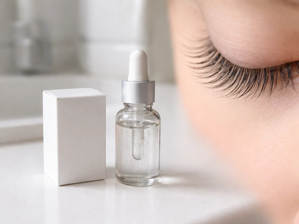 Generic bimatoprost-style bottle and box beside a sharp close-up of natural eyelashes on a clean counter.