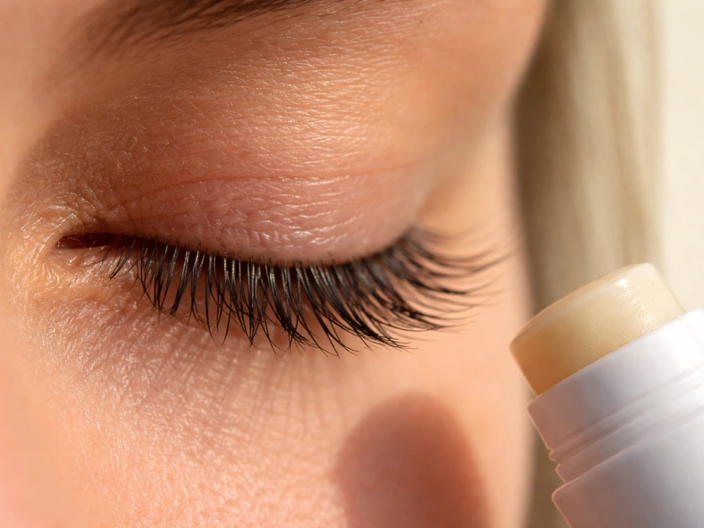 Close-up of upper lash line with a lip balm tube at the frame edge, showing eyelashes and possible breakage prevention.
