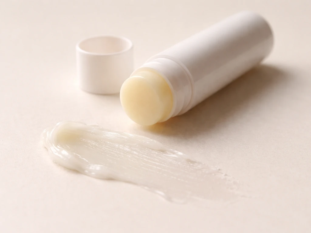 Close-up of a balm tube opened with waxy petrolatum texture swiped on a fingertip, glossy occlusive look.