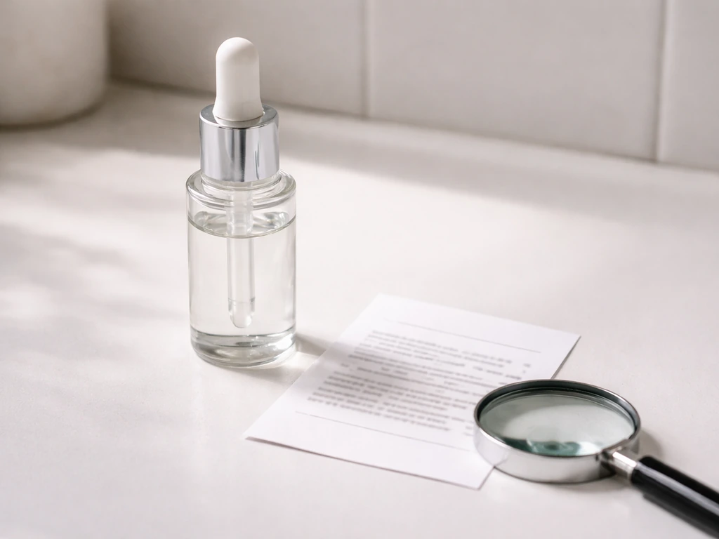 Close-up of a skincare lash serum bottle beside label ingredients list on a vanity, focusing on safe screening details