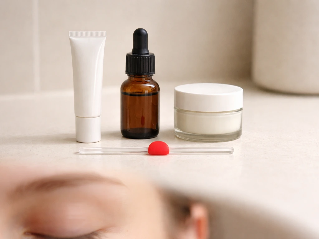 A small group of personal-care products placed away from an eye area, with an emphasis on “do not apply” context.