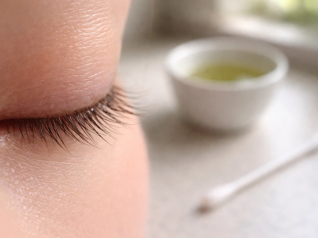 Macro view of eyelash line with a cup of cooled green tea and a cotton swab nearby.