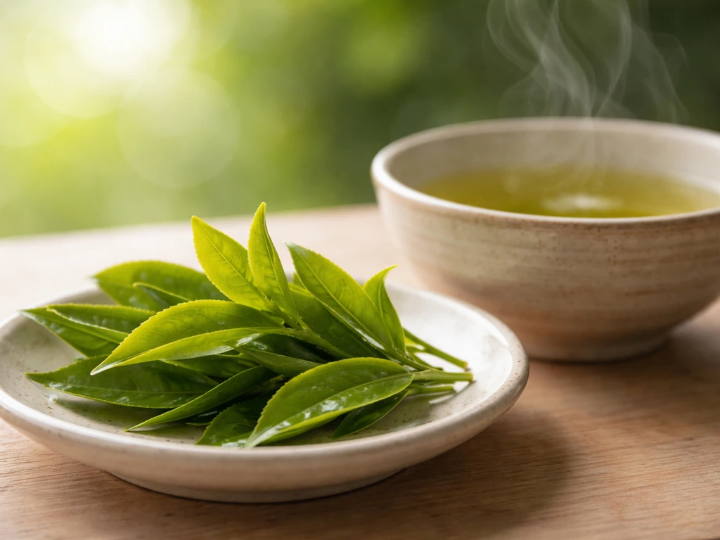 Close-up of green tea leaves steeping beside a simplified, out-of-focus hair follicle-like shape in soft light