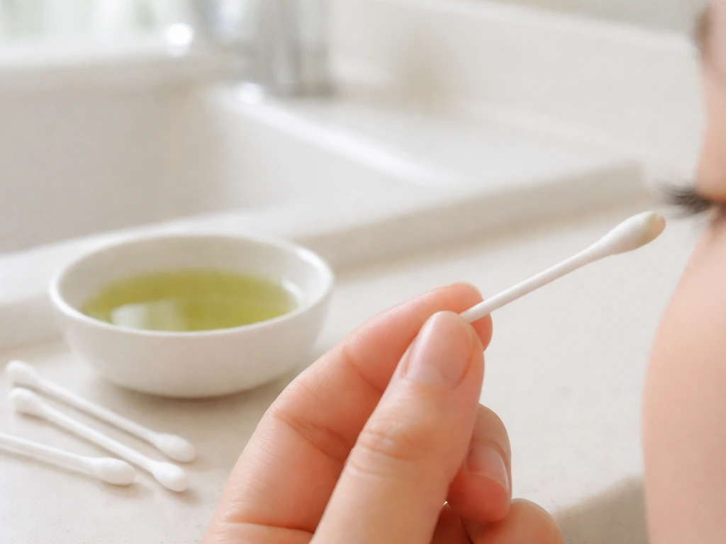 A small dish of cooled green tea with a cotton swab poised near an eyelash line