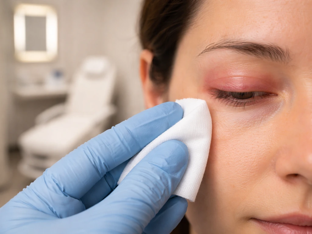 Clinician’s office setting beside a close view of red irritated eyelid area cues, suggesting seek professional help